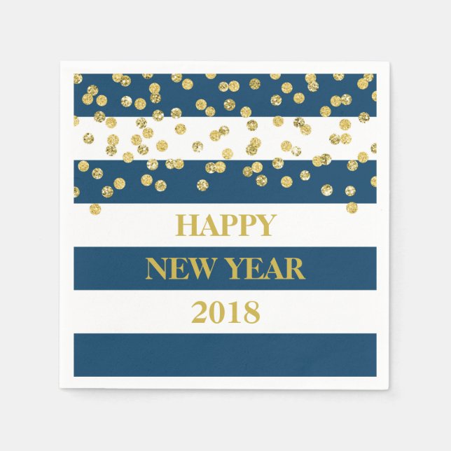 Serviette Jetable Blue Stripes Gold Confetti Joyeux Nouvel An Napkin (Devant)