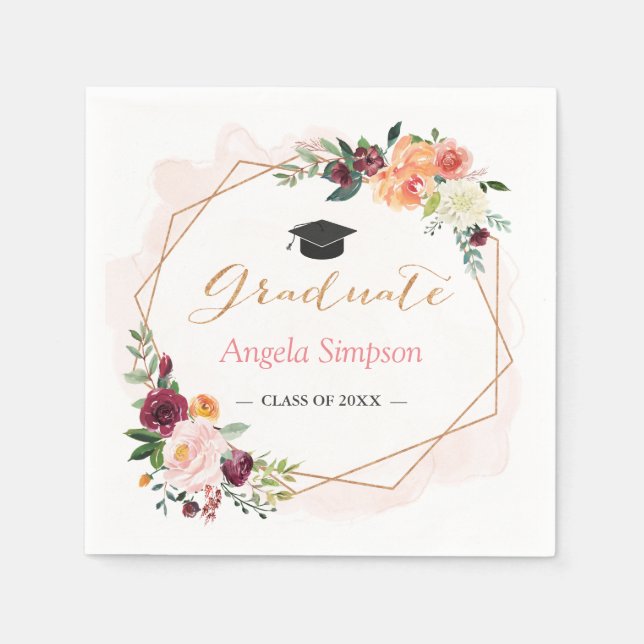 Serviette Jetable Blush Bourgogne Floral Gold Frame Party (Devant)