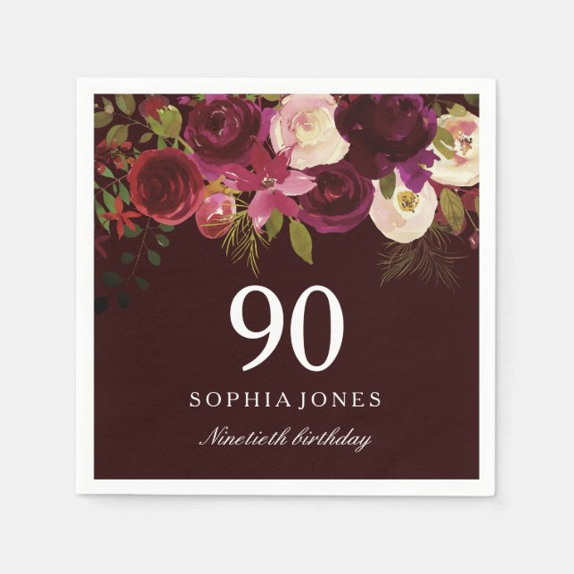 Serviette Jetable Boho floral de Bourgogne profonde 90e fête d'anniv (Devant)