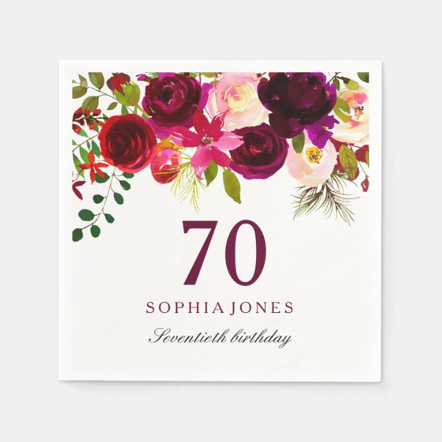 Serviette Jetable Boho rouge bordeaux 70e fête d'anniversaire (Devant)