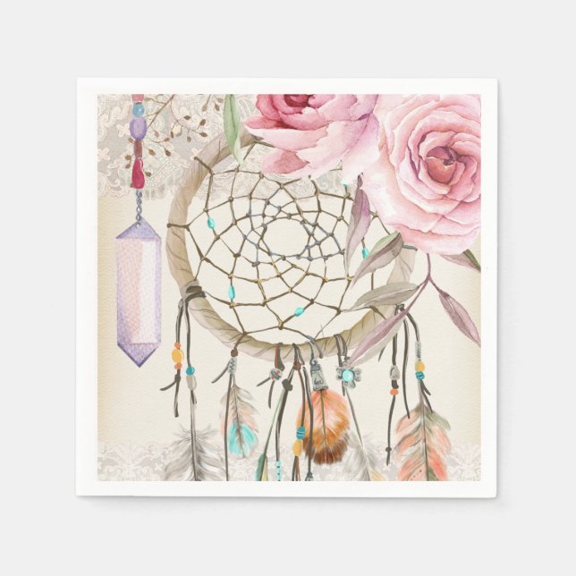 Serviette Jetable Boho Tribal Chic DreamCatcher & Papier Rose Napkin (Devant)