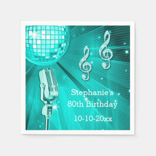 Serviette Jetable Boule disco sarcelle et microphone rétro 80e anniv
