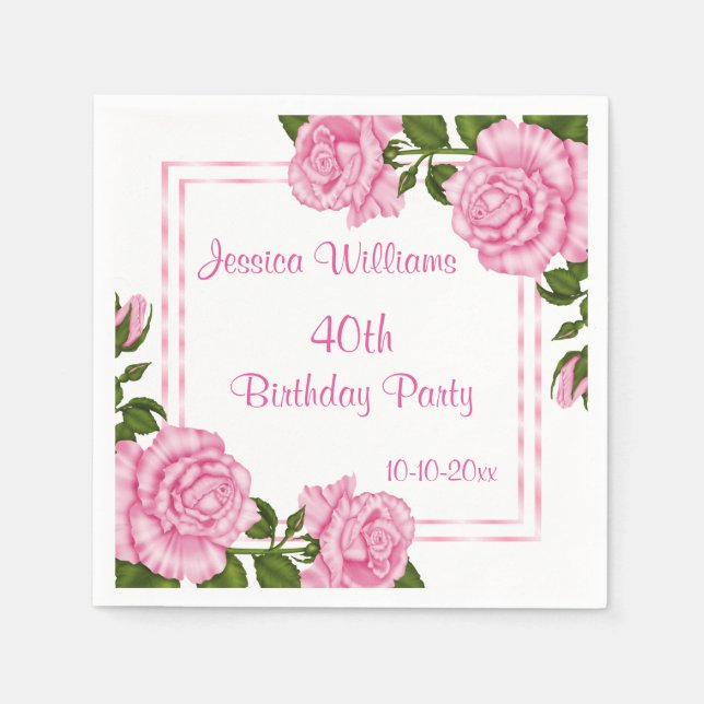 Serviette Jetable Bouquets d'angle rose joli 40 ans (Devant)