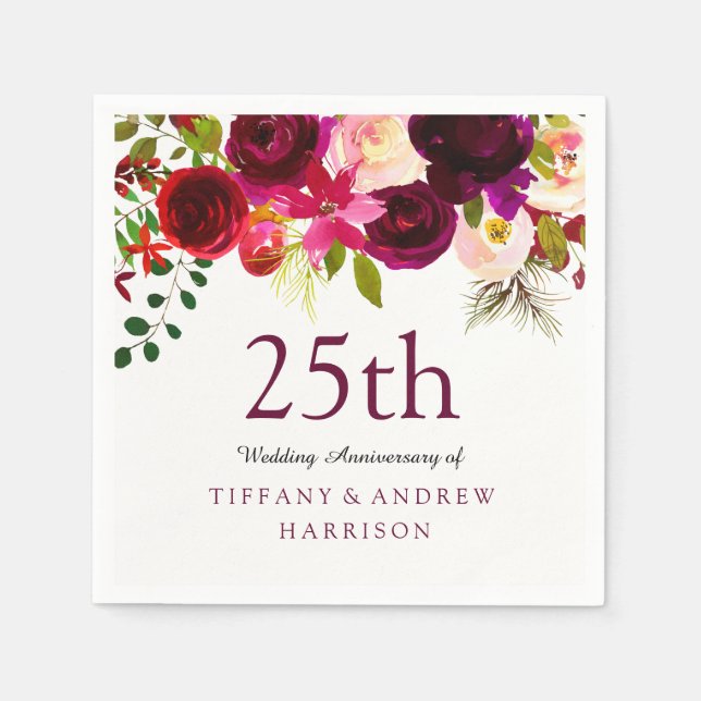 Serviette Jetable Bourgogne Rouge Floral Boho 25e anniversaire Maria (Devant)