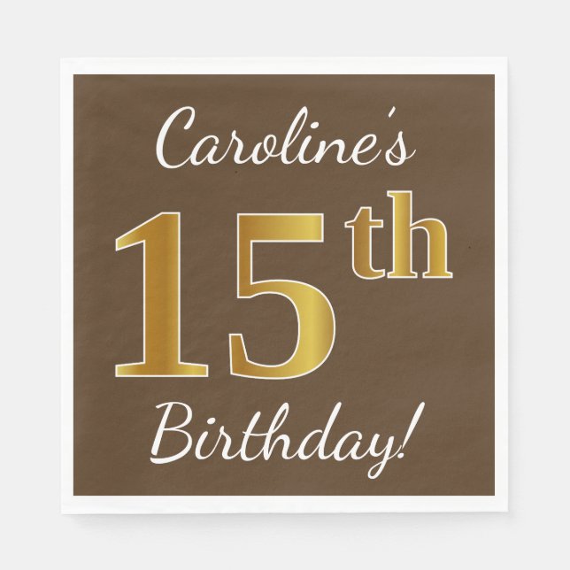 Serviette Jetable Brown, Faux Gold 15e anniversaire + Nom personnali (Devant)