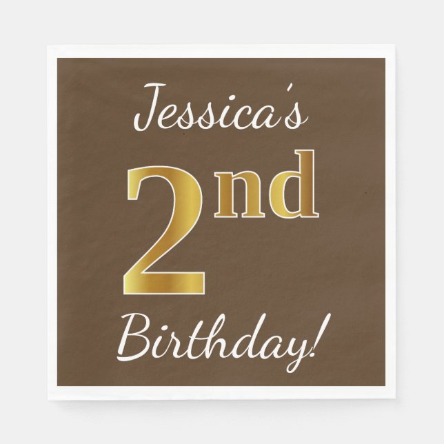 Serviette Jetable Brown, Faux Gold 2e anniversaire + Nom personnalis (Devant)