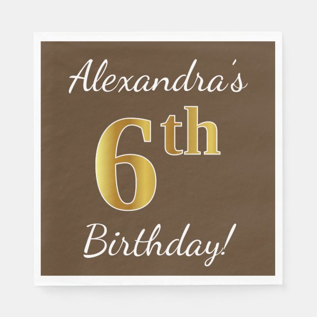 Serviette Jetable Brown, Faux Gold 6e anniversaire + Nom personnalis (Devant)