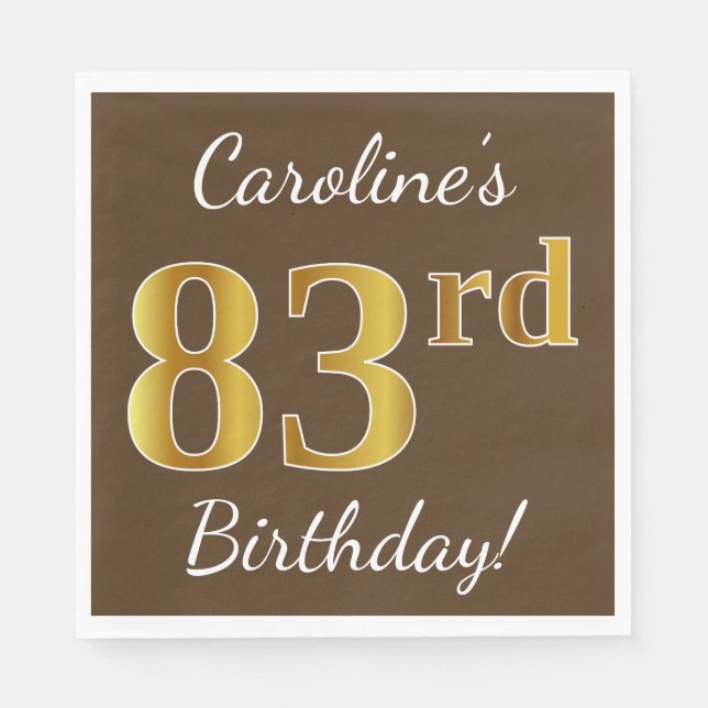Serviette Jetable Brown, Faux Gold 83ème anniversaire + Nom personna (Devant)