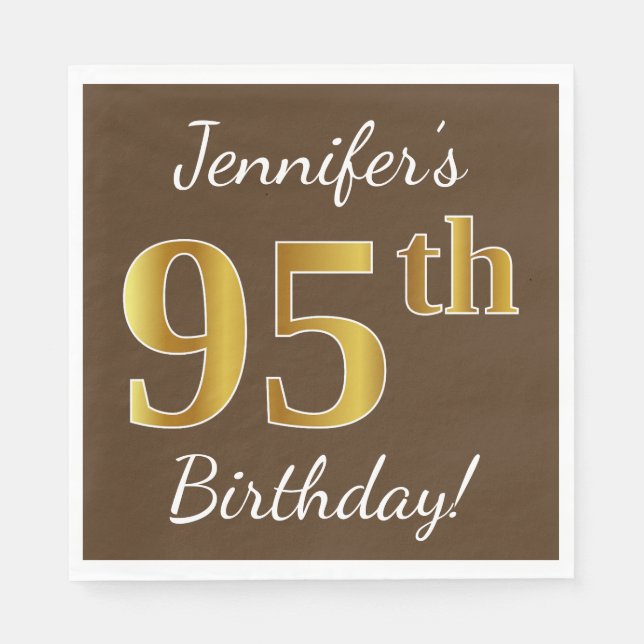 Serviette Jetable Brown, Faux Gold 95e anniversaire + Nom personnali (Devant)