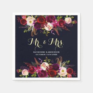 Serviette Jetable Burgundy Navy Rustic Floral M. et Mme Mariage