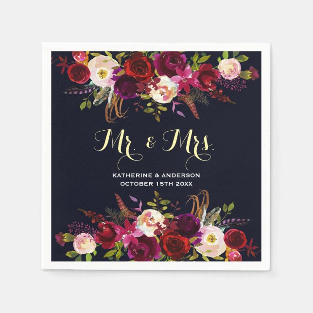 Serviette Jetable Burgundy Navy Rustic Floral M. et Mme Mariage (Devant)