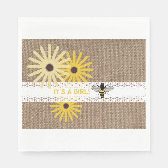 Serviette Jetable Burlap + dentelle Bee Girls Baby shower serviettes (Devant)