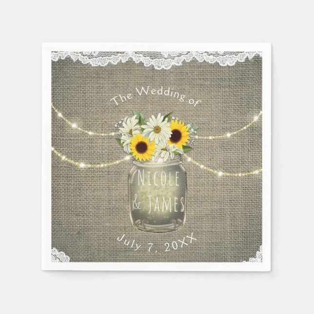 Serviette Jetable Burlap Dentelle tournesol & marguerites Mason Jar  (Devant)