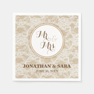 Serviette Jetable Burlap et Lace, Mr & Mrs Mariage personnalisé