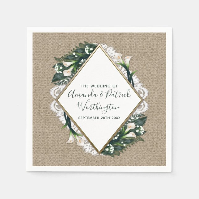Serviette Jetable Calla Lily Country Burlap et dentelle Mariage serv (Devant)