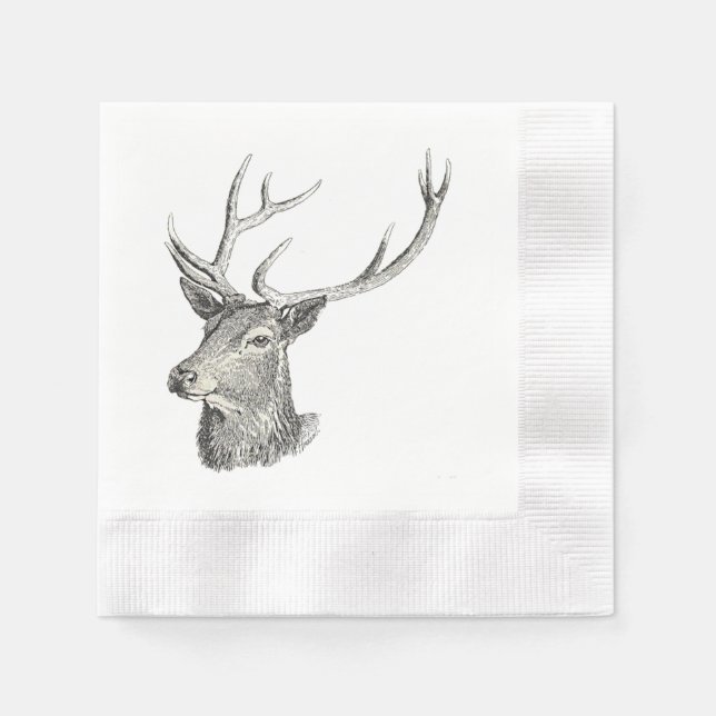 Serviette Jetable Cerf Buck Head avec Antlers Black and White Art (Devant)