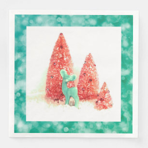 Serviette Jetable Cerf de Noël rétro avec cadre Aqua