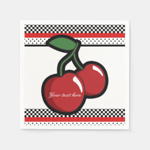 Serviette Jetable Cerises Rouges Rétro Noir & Rouge Fête Personnalis