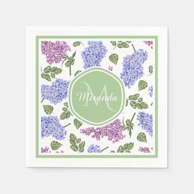 Serviette Jetable Chic Lavande Lilac Floral Pastel Vert Monogramme (Devant)