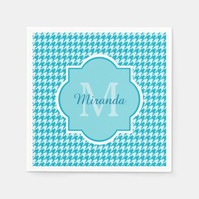 Serviette Jetable Chic Monogramme Turquoise Houndstooth Avec Nom (Devant)