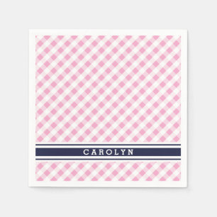 Serviette Jetable chic preppy rose marine en vichy motif monogramme