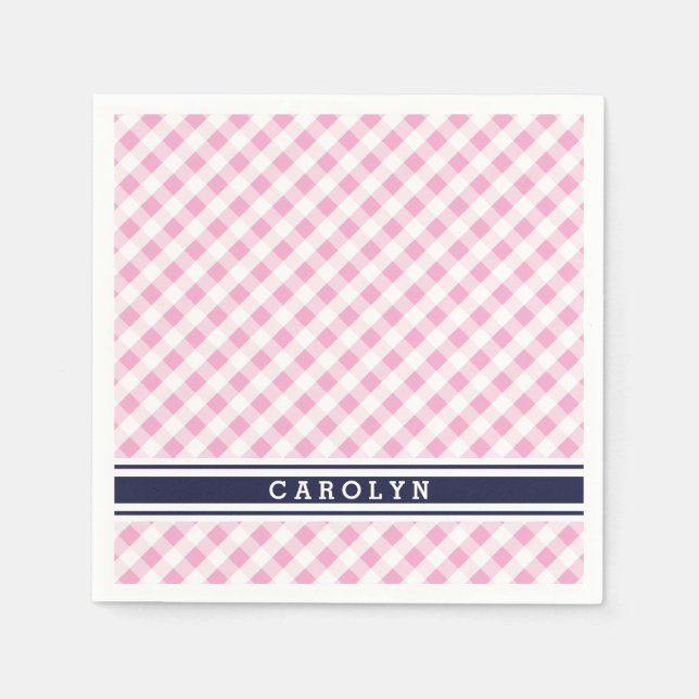 Serviette Jetable chic preppy rose marine en vichy motif monogramme (Devant)