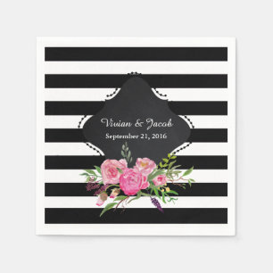 Serviette Jetable Chic Stripes et Peonies Mariage Napkin