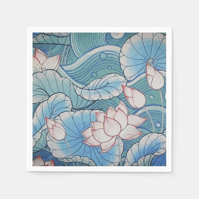 Serviette Jetable Chinoiserie Pastel Oriental Rose & Bleu Floral (Devant)