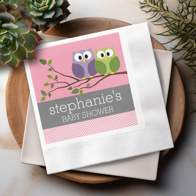 Serviette Jetable Chouettes mignonnes sur Branche Bébé Fille Douche  (Custom Party Napkins)