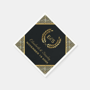 Serviette Jetable Clé grecque noire, or et mariage de couronne de la