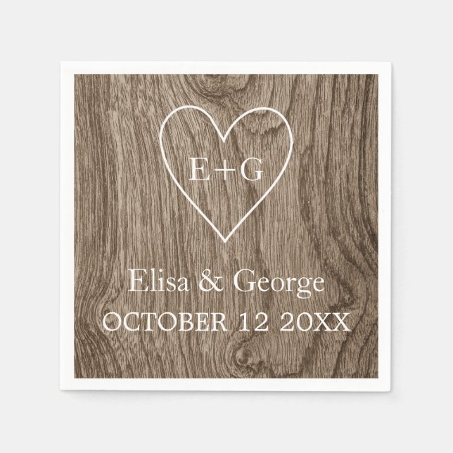 Serviette Jetable Coeur avec initiales bois grain mariage rustique (Devant)