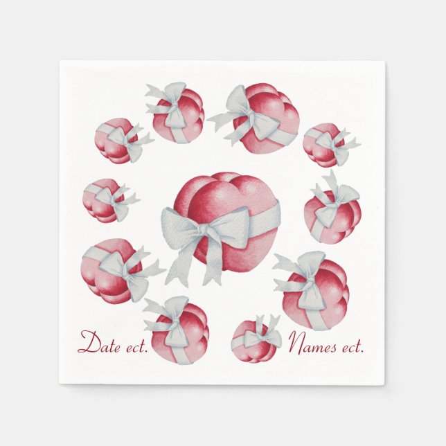 Serviette Jetable coeur rouge attaché avec ruban blanc pour mariage (Devant)