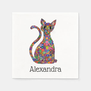 Serviette Jetable Coloré Fleur Whimsical Mosaic Chat Nom du monogram