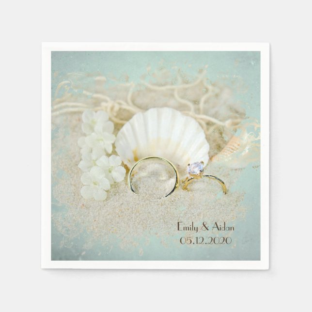 Serviette Jetable coquillages et anneaux mariages (Devant)