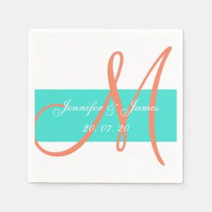 Serviette Jetable Corail et Turquoise Papier Mariage moderne serviet
