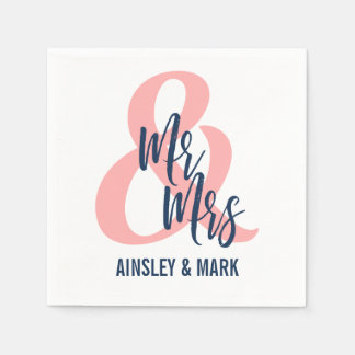 Serviette Jetable Coral Pink & Navy Blue Mr & Mrs Mariage