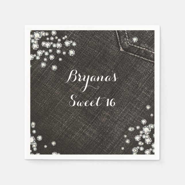 Serviette Jetable Couronne de fête glamour en denim noir et diamants (Devant)