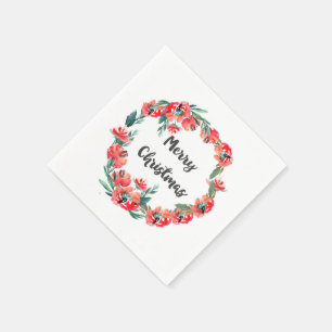 Serviette Jetable Couronne de Noël florale rouge aquarelle Joyeux No