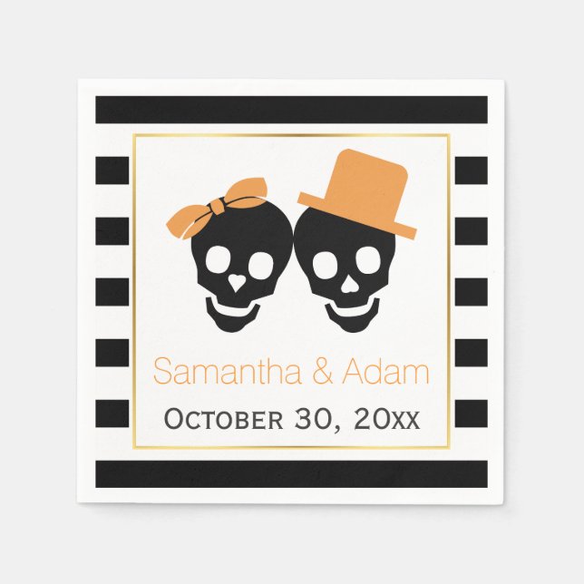 Serviette Jetable Crânes couple et rayures Halloween mariage (Devant)