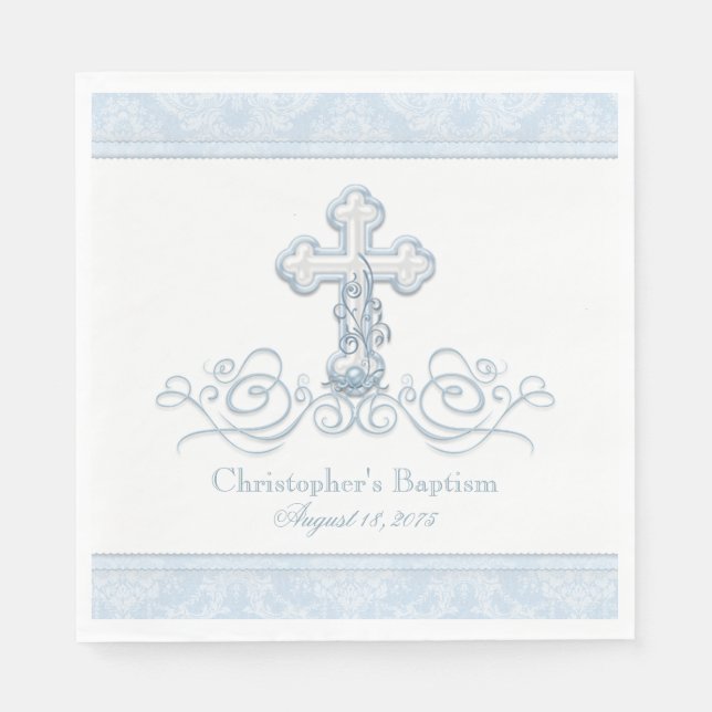 Serviette Jetable Croix de Damas bleu Baptême Communion serviettes (Devant)