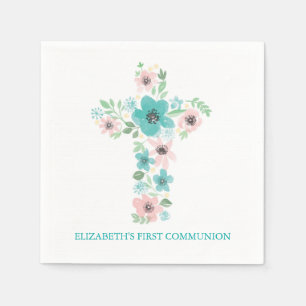 Serviette Jetable Croix de fleurs d'aquarelle Première communion sai