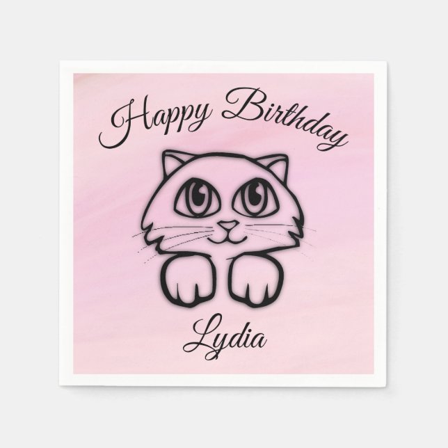 Serviette Jetable Cute Big Eyed Chat Peeking Rose Joyeux Anniversair (Devant)
