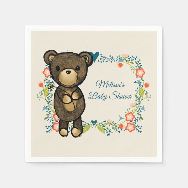 Serviette Jetable Cute Ours & Baby shower Floral Wreath (Devant)