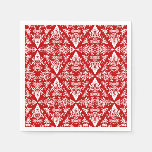 Serviette Jetable Damask 01 Red-White-Paper Cocktail Napkins (Devant)