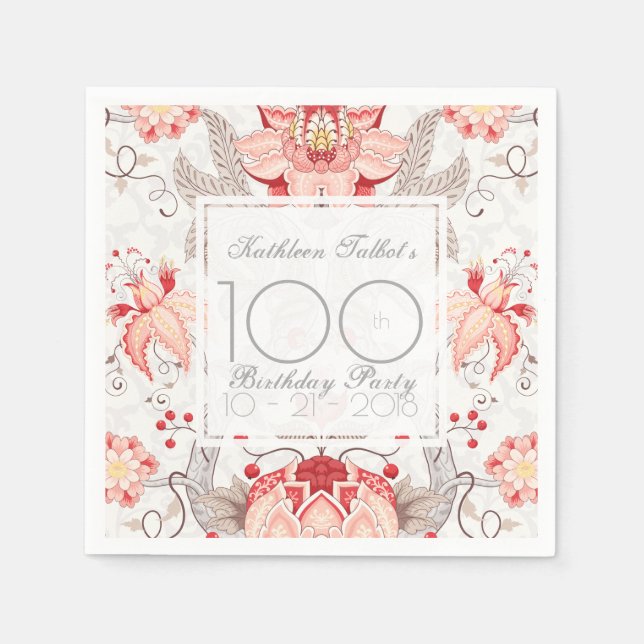 Serviette Jetable Damask Floral 100e Anniversaire Papier de fête Nap (Devant)