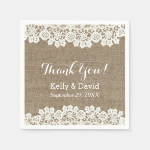 Serviette Jetable Dentelle vintage et Burlap Merci Mariage rustique