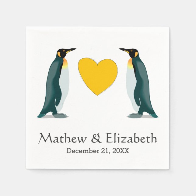 Serviette Jetable Deux pingouins | Coeur jaune | Mariage (Devant)