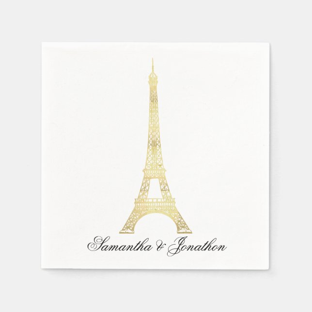 Serviette Jetable Doré Paris Tour Eiffel Mariage Personnalisé servie (Devant)