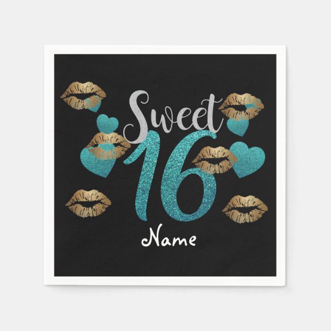 Serviette Jetable Doux 16 Parties scintillant en or Turquoise noir (Devant)