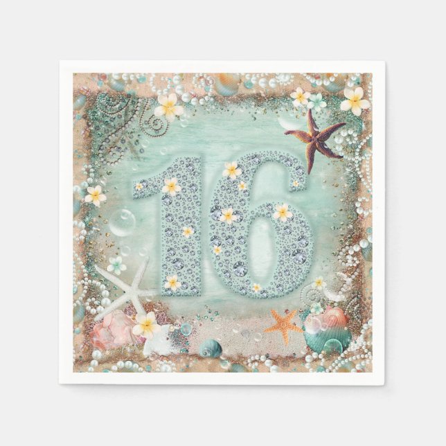 Serviette Jetable Elégant Beach Sea Starfish & Pearls Sweet 16 Party (Devant)